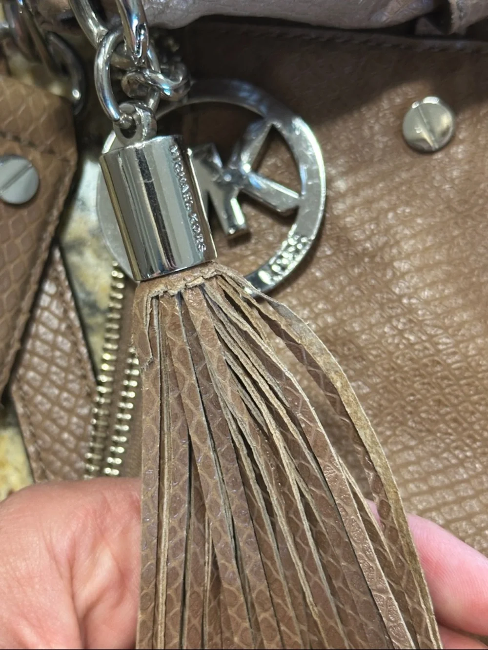 Michael Kors Tan Textured Leather Shoulder Bag with Tassel Charm